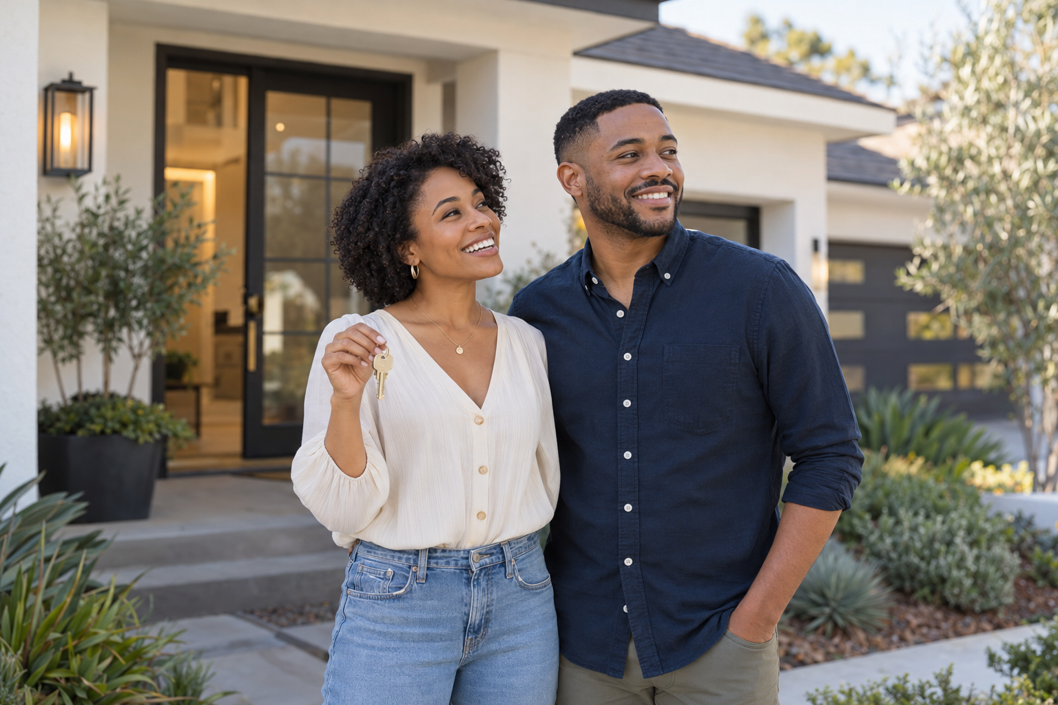 Illustrative homebuyers celebrating outside a contemporary California house
