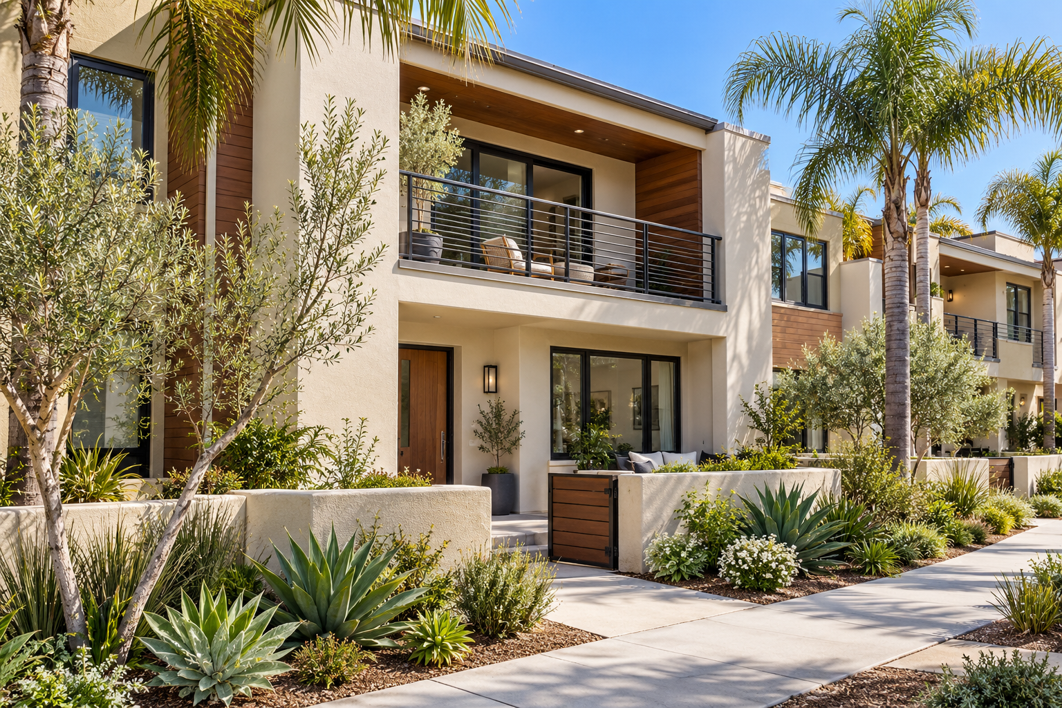 Illustrative modern Southern California condos with private patios and balconies